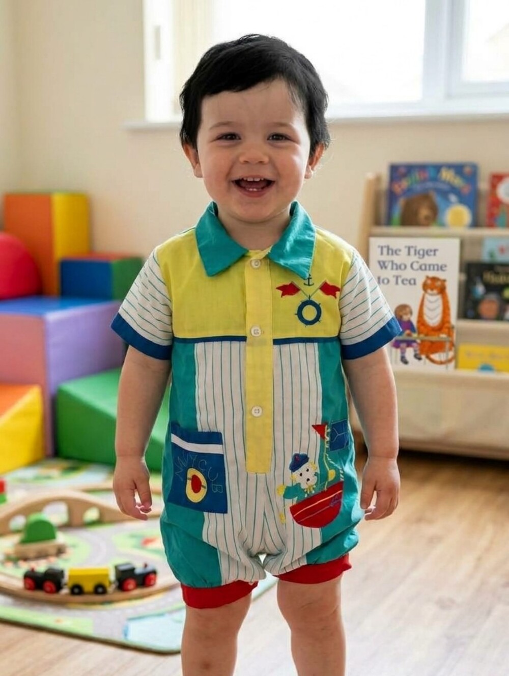 Colorful Striped Baby Romper with Nautical Patches Allura Vintage